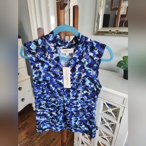 NWT Evan Picone Top Blouse Sleeveless Blue Pattern